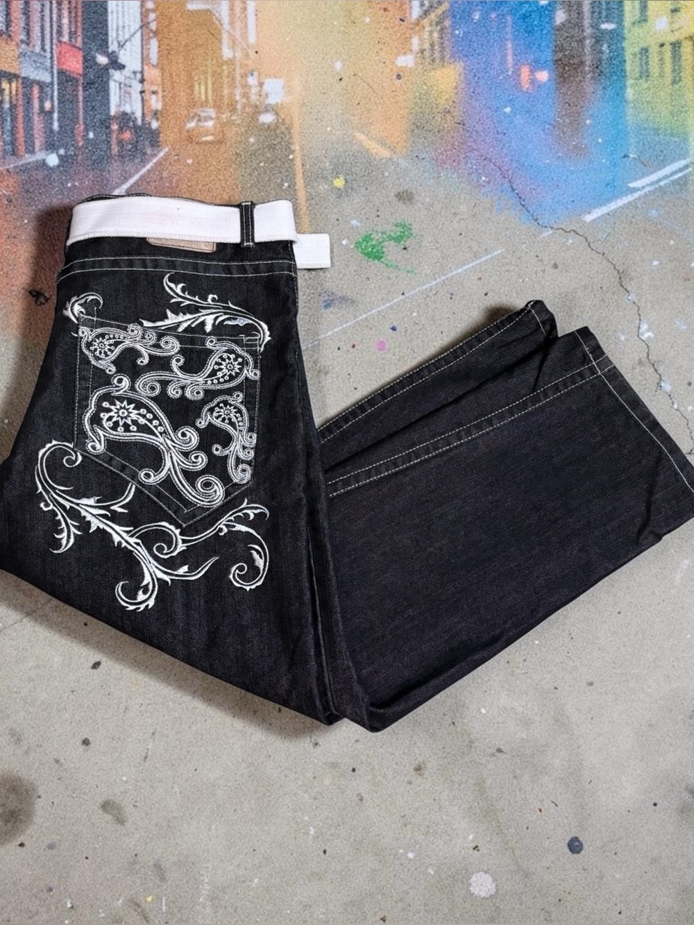 VTG Y2K Red Ape Authentic Black Denim Baggy Jeans Men Size 38 White Embroidered